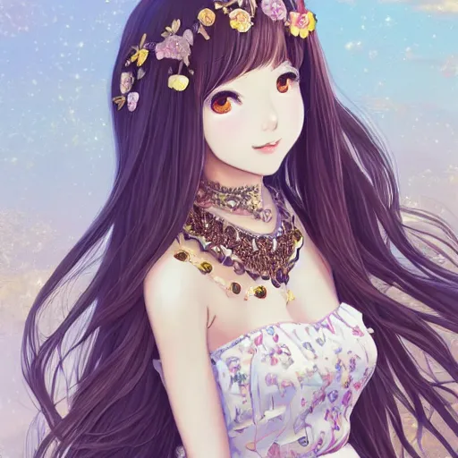 Image similar to a portrait of a cute woman with a big smile and long flowy hair, digital painting by ilya kuvshinov, wearing an ornate dress with lots of necklaces, by reiq, by takeshi obata, beautiful woman, hiromu arakawa, masashi kishimoto, 4 k wallpaper, masterpiece, gorgeous, stunning