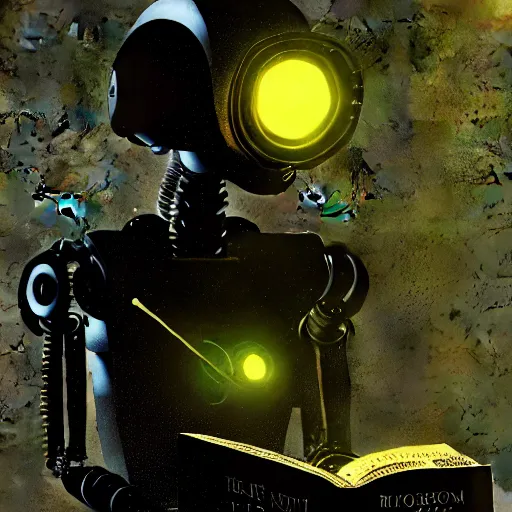 Image similar to dark scifi illustration 3 / 4 portrait of a robot reading necronomicon. cinematic lighting mad scientist style. golden ratio accidental renaissance. in the style of dave mckean. graffiti art, scifi, fantasy, hyper detailed. octane render. concept art. trending on artstation