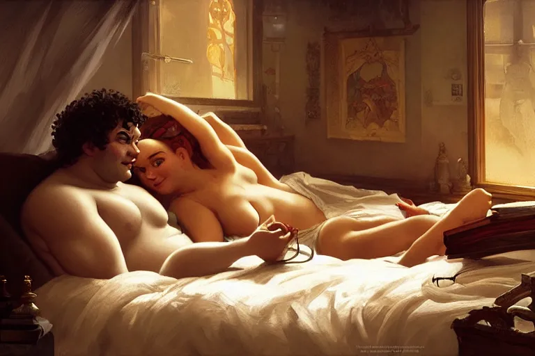 Image similar to russian poet alexander pushkin and shrek lying in bed together, portrait, highly detailed, digital painting, artstation, concept art, smooth, sharp focus, illustration, cinematic lighting, art by artgerm and greg rutkowski and alphonse mucha