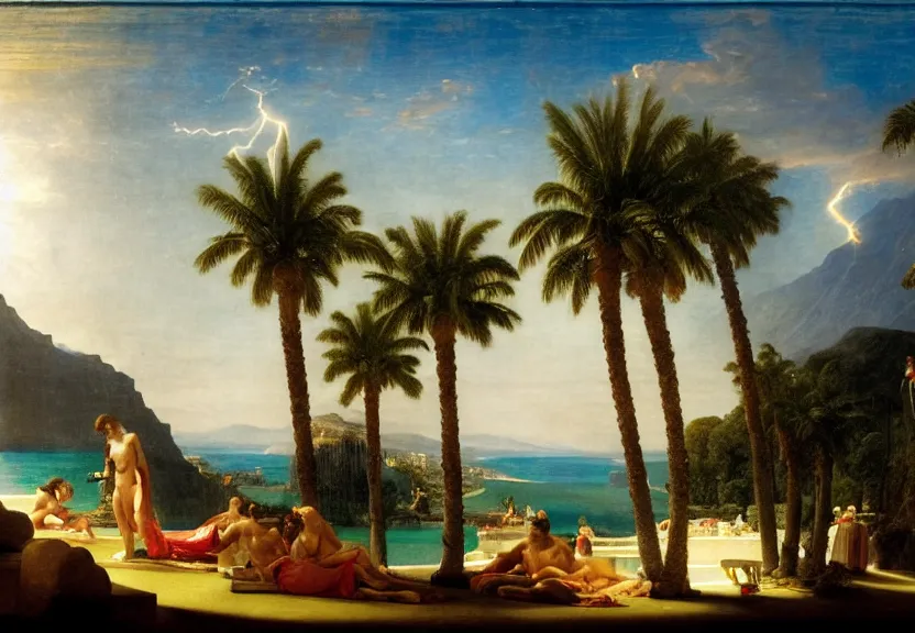 Image similar to The highest palace ever made, thunderstorm, greek pool, beach and palm trees on the background major arcana sky, by paul delaroche, hyperrealistic 4k uhd, award-winning very detailed