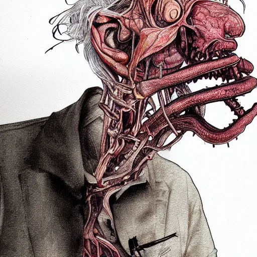 Image similar to bernie sandersaurus graphic illustration, creative design, skinless head, biopunk, body horror, full body portrait, character design, by ralph steadman, francis bacon, hunter s thompson