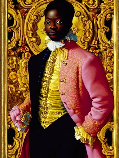 Image similar to rococo painting of a black prince wearing a golden crown with pastel flowers, symmetrical, realistic, 8 k, digital painting, art by kehinde wiley, artem demura