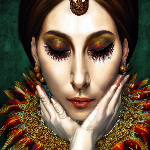 Image similar to portrait, headshot, digital painting, of Mother Ayahuascaa as a 10th century beautiful female Royal, dark hair, tropical feathers, seashells, teeth, claws, baroque, ornate clothing, scifi, futuristic, realistic, hyperdetailed, chiaroscuro, concept art, art by caravaggio