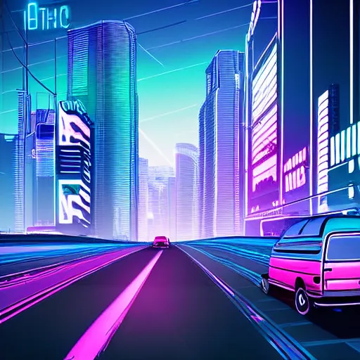 Prompt: epic professional digital art of photorealistic synthwave vw type ii van driving through neon cyberpunk futuristic city towers, mountains in background, detailed, intricate, sporty mood, fun