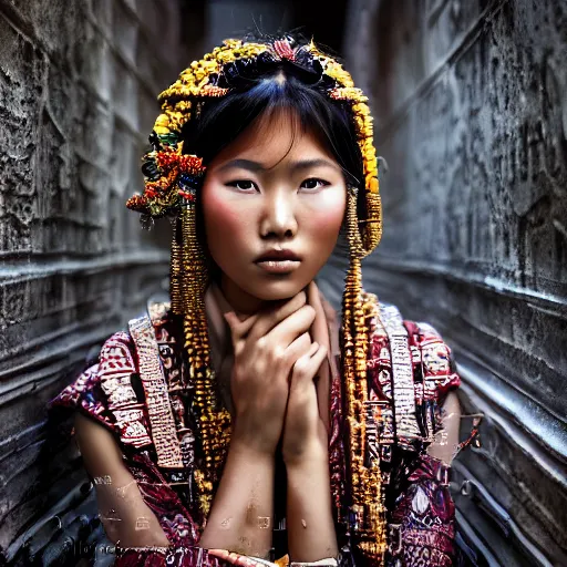 Prompt: portrait of a stunningly beautiful alluring asian tribal female, depth of field, zeiss lens, detailed, symmetrical, centered, fashion photoshoot, by Annie Leibovitz and Steve McCurry, David Lazar, Jimmy Nelsson, Breathtaking, 8k resolution, extremely detailed, beautiful, establishing shot, artistic, hyperrealistic, beautiful face, octane render