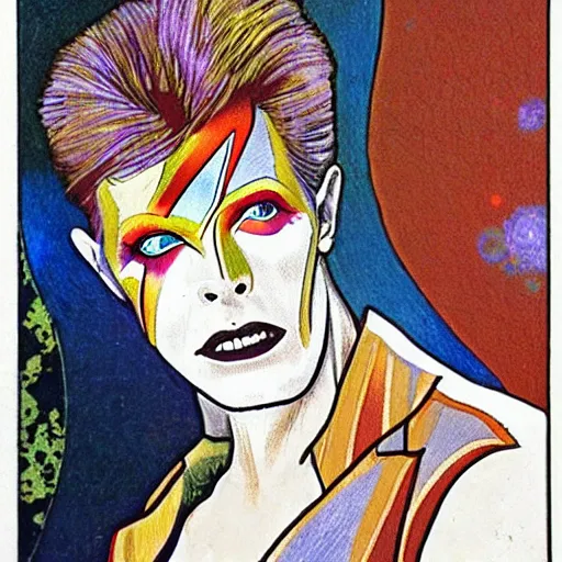 Image similar to david bowie as aladdin sane, mucha style,