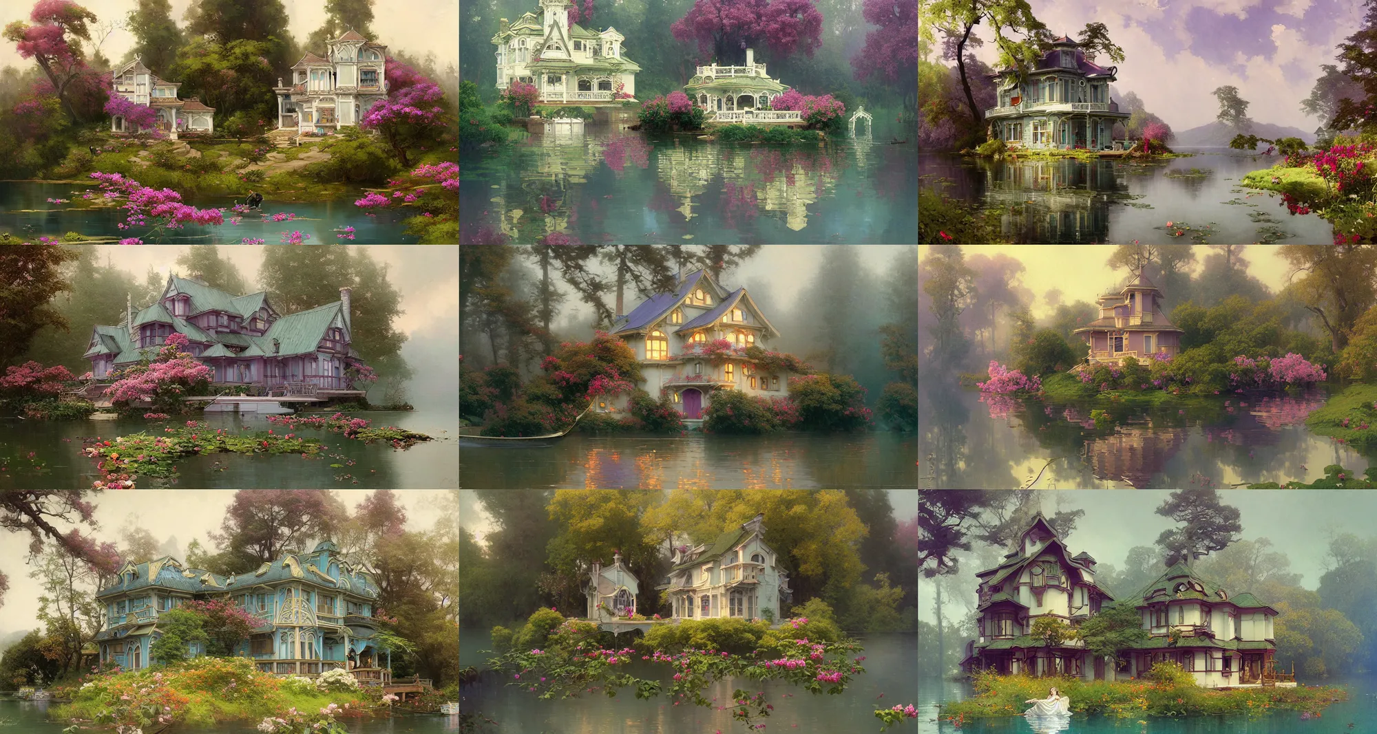 Prompt: small lake house, lilac bushes, art nouveau architecture, fantasy, art by joseph leyendecker, peter mohrbacher, ivan aivazovsky, ruan jia, reza afshar, marc simonetti, alphonse mucha