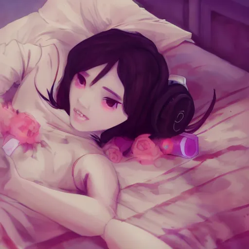 Prompt: lofi hiphop girl lying in bed listening to music by Wenqing Yan, WLOP, Zumidraws, OlchaS Logan cure liang Xing