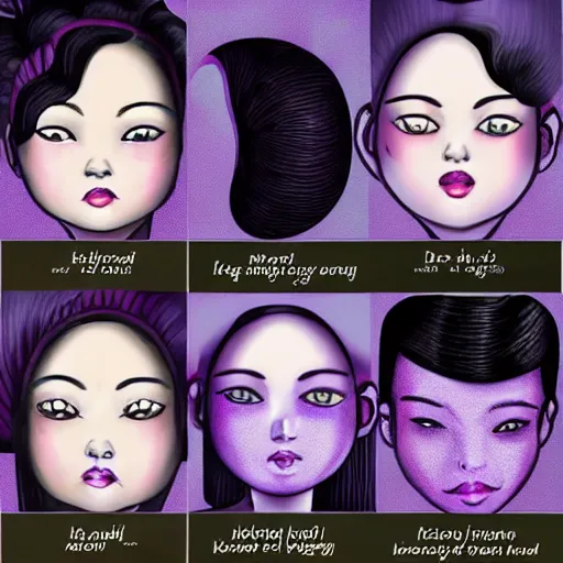 Image similar to zi di had a head of curvy black hair, and her pale skin glistened with sweat, giving her a delicate appearance. her features were defined, and she had a beautiful smile beyond the ordinary. she had a slim body. the most attractive part of her was her big, purple eyes, shining like clear amethyst.