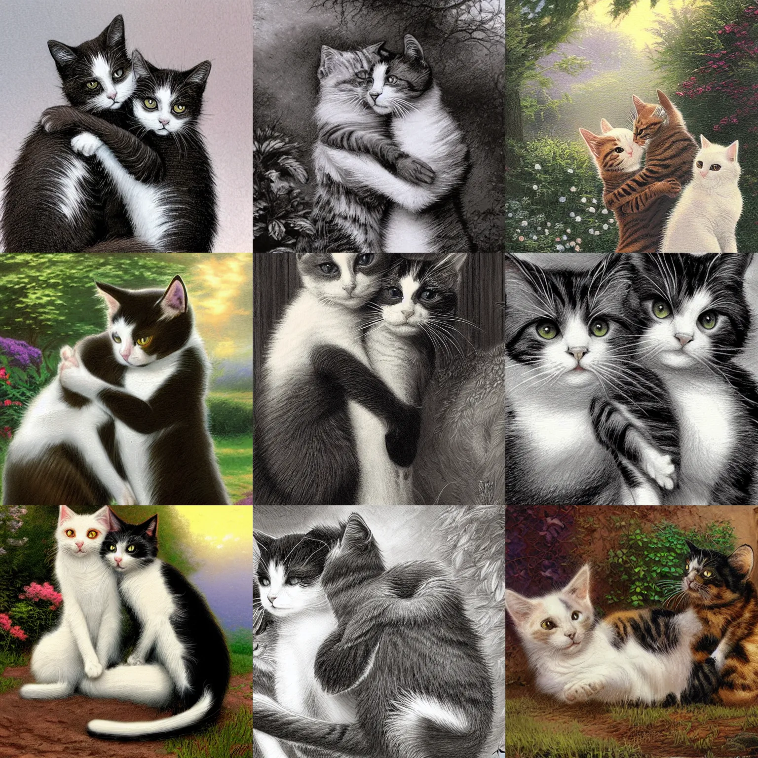 Prompt: two cats hugging each other, calico cat, black and white cat, illustrated by James Gurney, Laurie Greasely, Thomas Kinkade, highly detailed environment