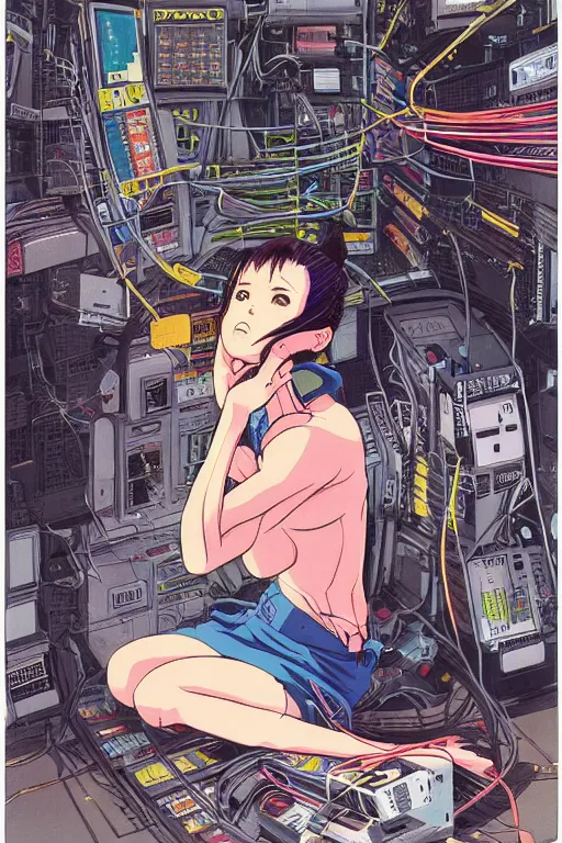 Image similar to an awe inspiring 1980s japanese cyberpunk anime style illustration of an android girl seated on the floor in a tech labor, seen from the side with her back open showing cables and wires coming out, by masamune shirow and katsuhiro otomo, studio ghibli color scheme, dark, complex