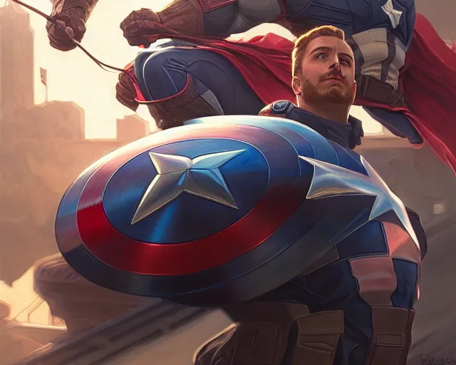 Image similar to photography of captain america driving a sports car, deep focus, d & d, fantasy, intricate, elegant, highly detailed, digital painting, artstation, concept art, matte, sharp focus, illustration, hearthstone, art by artgerm and greg rutkowski and alphonse mucha