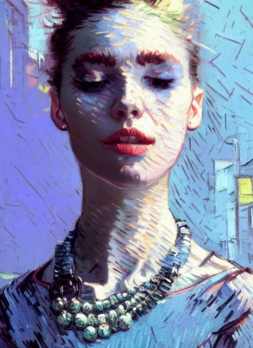 Image similar to portrait of beautiful girl, necklace, ecstatic, dancing, eyes closed, shades of pastel blue and light grey, new york backdrop, beautiful face, rule of thirds, intricate outfit, spotlight, by greg rutkowski, by jeremy mann, by francoise nielly, by van gogh, digital painting