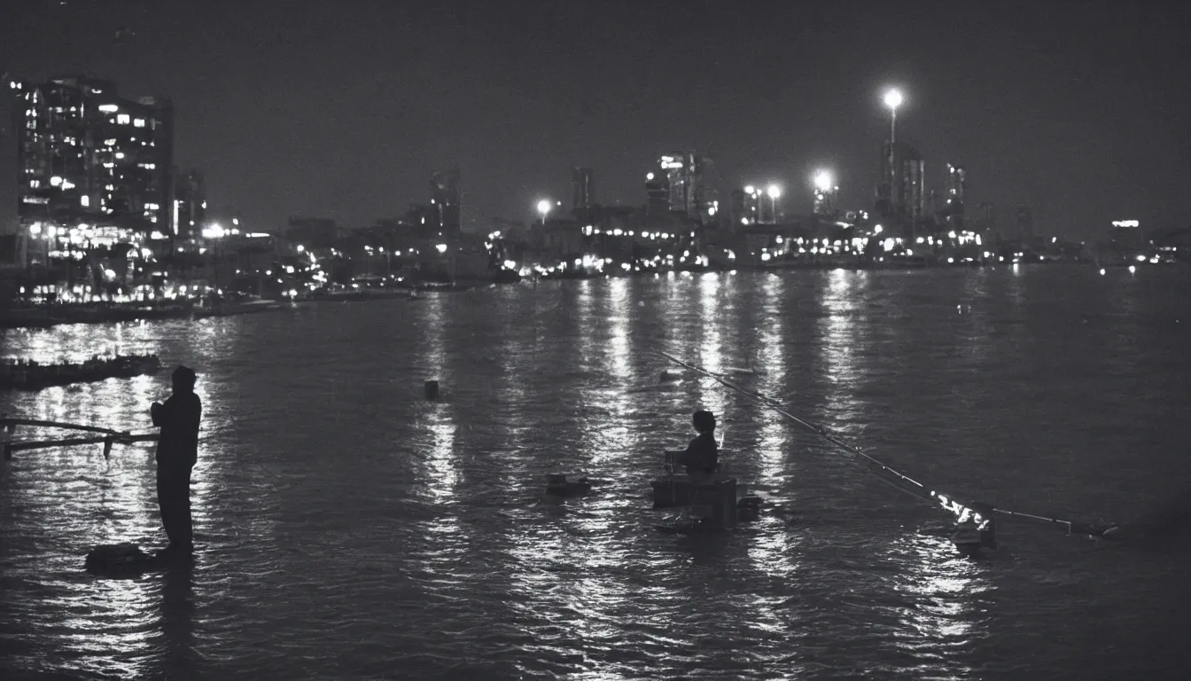 Image similar to 80s asian neon movie still with a lone man fishing on a pier by the river at night with city lights behind his back. Fallen angels movie still. hyperrealistic, photorealistic, high definition, medium format photography, highly detailed, tehnicolor, anamorphic 50mm lens