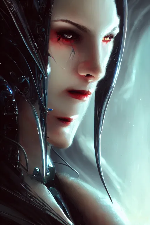 Image similar to attractive vampire female alien - cyborg, close - up portrait, intricate, elegant, volumetric lighting, scenery, digital painting, highly detailed, artstation, sharp focus, illustration, concept art, luis rollo, ruan jia, steve mccurry, john berkey