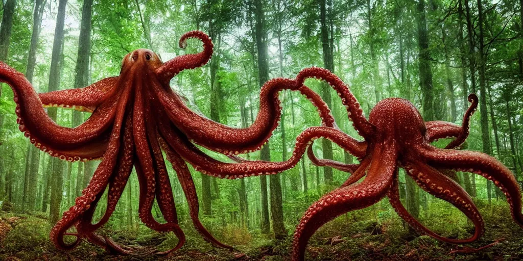 Image similar to a huge octopus in the middle of a forest, beautiful ambient light, 8k photography