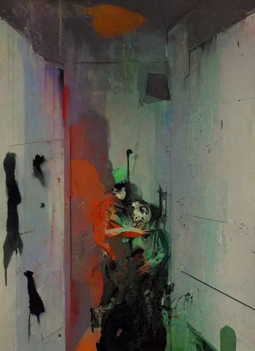 Prompt: two dark figures laughing inside a decayed Romanian motel room in the middle, in the style of Adrian ghenie and Francis bacon, part by Gerhard Richter, part Edward Hopper and part Petra cortright, highly detailed, very coherent, gothic horror, rich colours