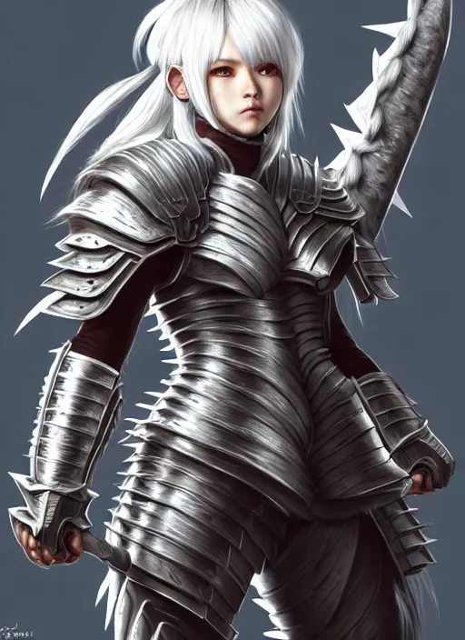 Image similar to warrior, fur - lined heavy armor!!! beautiful and athletic white hair female!! monster hunter!! character concept art, sharp focus, octane render! unreal engine 5! highly rendered!! trending on artstation!! detailed linework!! illustration by artgerm, wlop, and chie yoshii