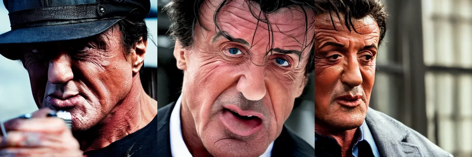 Prompt: close-up of Sylvester Stallone as a detective in a movie directed by Christopher Nolan, movie still frame, promotional image, imax 70 mm footage