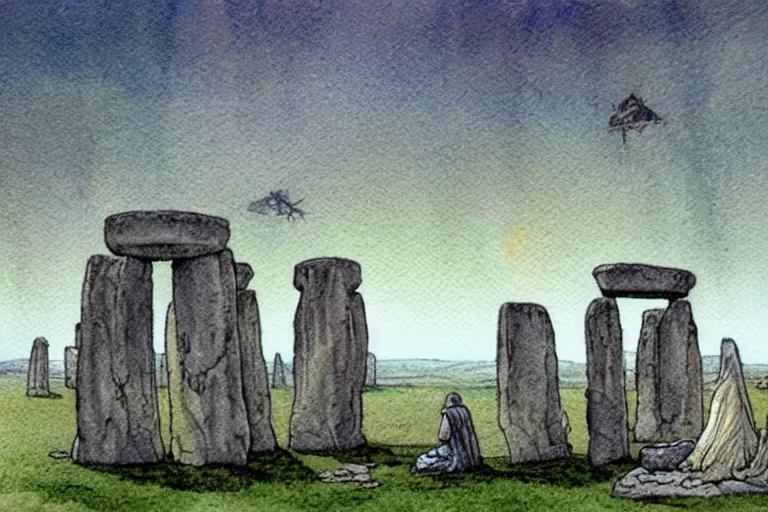 Prompt: a realistic and atmospheric watercolour fantasy concept art of a ufo landing in a floating stonehenge. one dirty medieval monk in grey robes is on his knees praying to the ufo. muted colors. by rebecca guay, michael kaluta, charles vess and jean moebius giraud