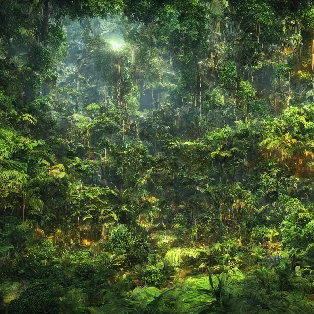 Image similar to Epic artwork of a luxurious jungle with a quantum computer in the middle of it, backlit photorealistic render, cycles render