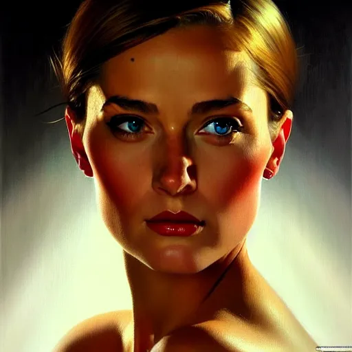 Prompt: close up face of a extremely beautiful bond female vam pire portrait, Masterpiece, oil on canvas, artgerm, norman rockwell, craig mulins, trending on pxiv,