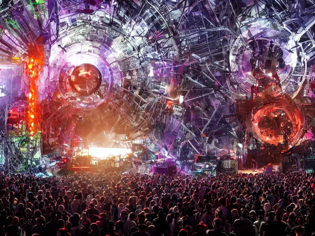 Image similar to a cyborg dj is playing a vast array of highly evolved musical technology on a stage surrounded by an incredible and complex circular robotic structure playing highly evolved music overlooking a crowd at a forest festival lit by fire