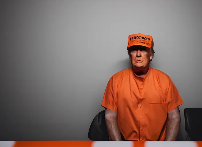 Image similar to photo of donald trump sitting in a jail cell wearing an orange jumpsuit defocused bars in the foreground, studio lighting, key light, 8 k, 8 5 mm f 1. 8