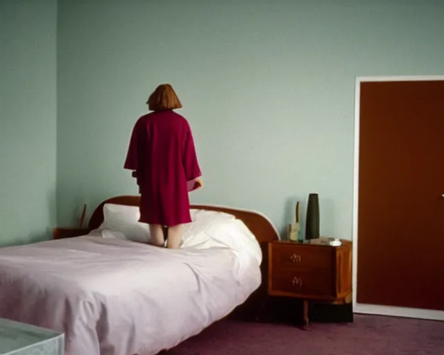 Image similar to a woman standing in a bedroom next to a bed, a colorized photo by Wes Anderson and Wilhelm Sasnal, tumblr, precisionism, 1970s, matte photo, provia , movie still