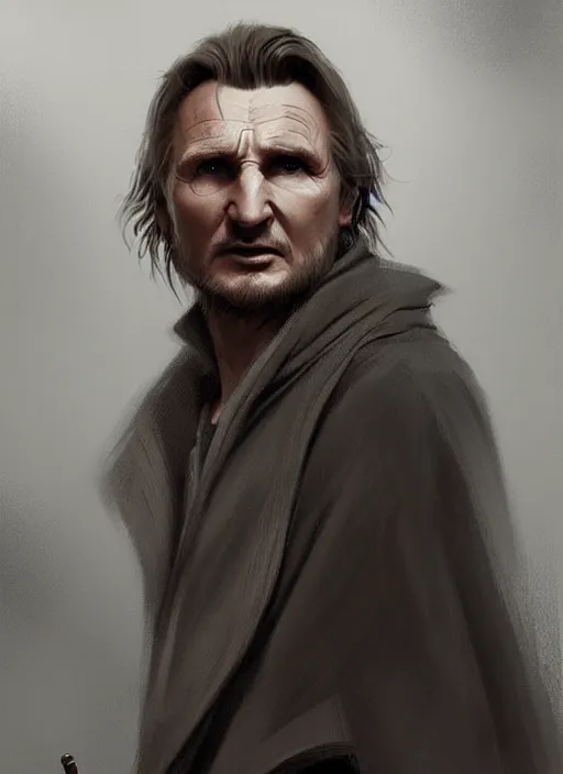 Image similar to old Liam Neeson, short beard! long hair! robes! modern, highly detailed, digital painting, artstation, concept art, sharp focus, illustration, by greg rutkowski