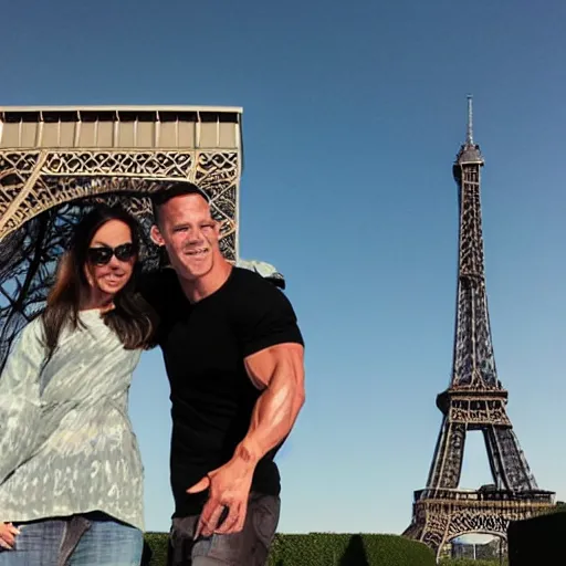 Image similar to photo of john cena hugging the eiffel tower