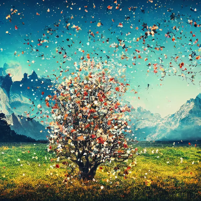 Image similar to a beautiful awesome artistic tree with falling flowers like leaves and many birds, all in the amazing outdoors view, mountain in the background, lake, long exposure, 8 k resolution, trending on artstation