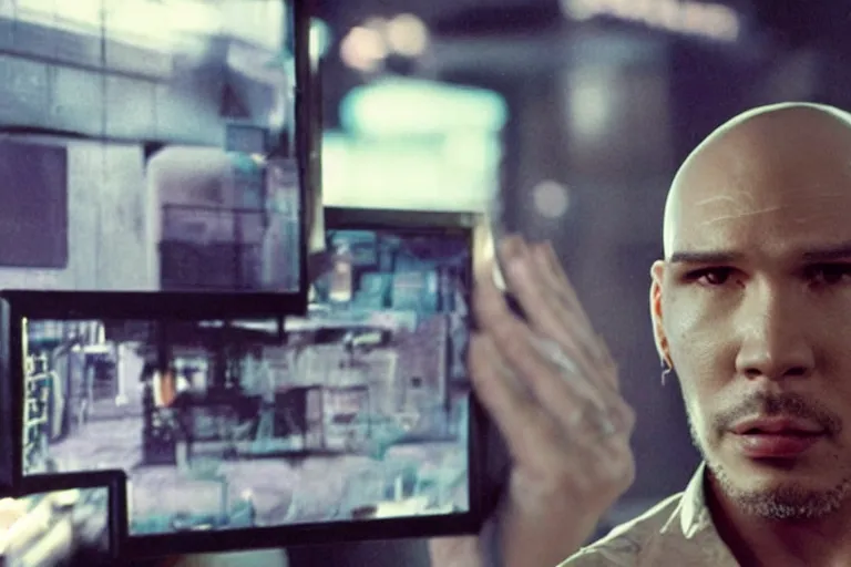 Image similar to cyborg - pitbull, surrounded by screens, in 2 0 5 5, y 2 k cybercore, industrial low - light photography, still from a kiyoshi kurosawa movie