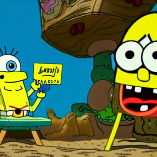 Image similar to close up of bikini bottom and spongebob, cinematographic shot,