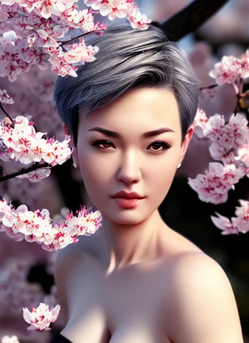 Image similar to photo of a gorgeous female with short gray hair in the style of stefan kostic, realistic, body shot, sharp focus, 8 k high definition, insanely detailed, intricate, elegant, art by stanley lau and artgerm, cherry blossoms