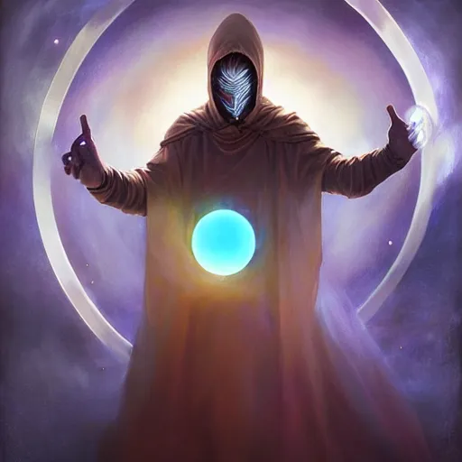 Image similar to creator of worlds wearing a cloak, masked, and holding a holographic planet projection in his hand, detailed, sci - fi, digital painting, artstation, sharp focus, illustration, ominous, artgerm, tomasz alen kopera, peter mohrbacher, donato giancola, joseph christian leyendecker, wlop, frank frazetta