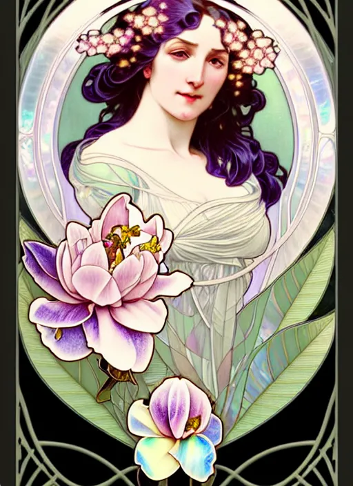 Prompt: magnolias, rococo and art nouveau fusion, iridescent diaphanous refractive and reflective flower bouquet, tarot card, highly detailed, deep focus, elegant, digital painting, smooth, sharp focus, illustration, ultra realistic, 8 k, art by artgerm and alphonse mucha