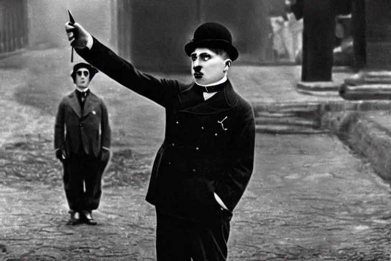 Prompt: Adolf Hitler as Charlie Chaplin in 'My Chap Chaplin' (2024), movie still frame, promotional image, imax 70 mm footage, oscar nominated cinematography, volumetric lighting, 8k resolution