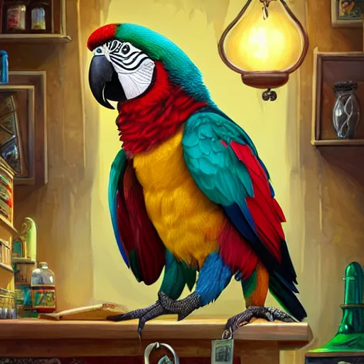 Prompt: Anthropomorphized parrot trader in his shop, selling his wares, portrait, items, magic potions, carpet, window, fancy hat, sly expression , cunning expression, cute expression, presenting wares, D&D, fantasy, cinematic lighting, highly detailed, digital painting, artstation, concept art, smooth, sharp focus, illustration, warm light, cozy warm tint, magic the gathering artwork, volumetric lighting, 8k, art by Akihiko Yoshida, Greg Rutkowski