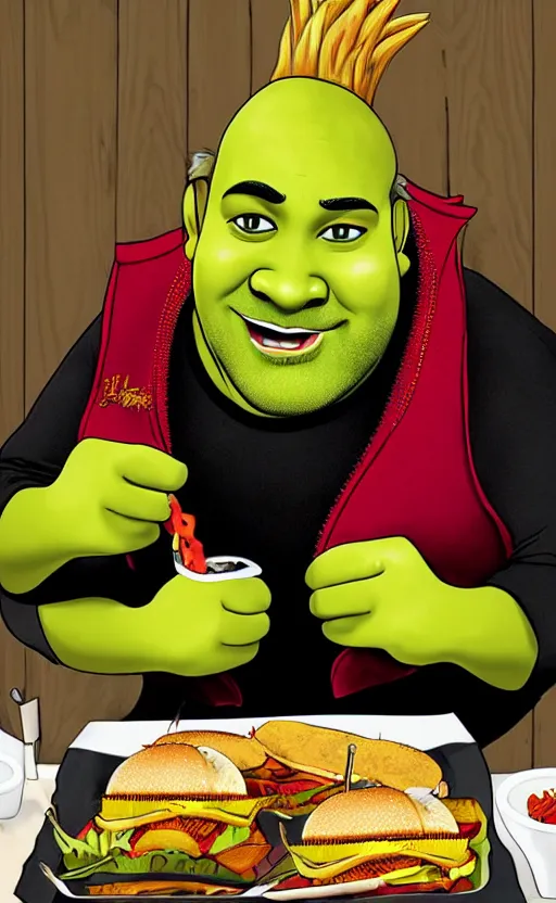 Prompt: guy fieri as shrek, eating a juicy burger, photograph, realistic