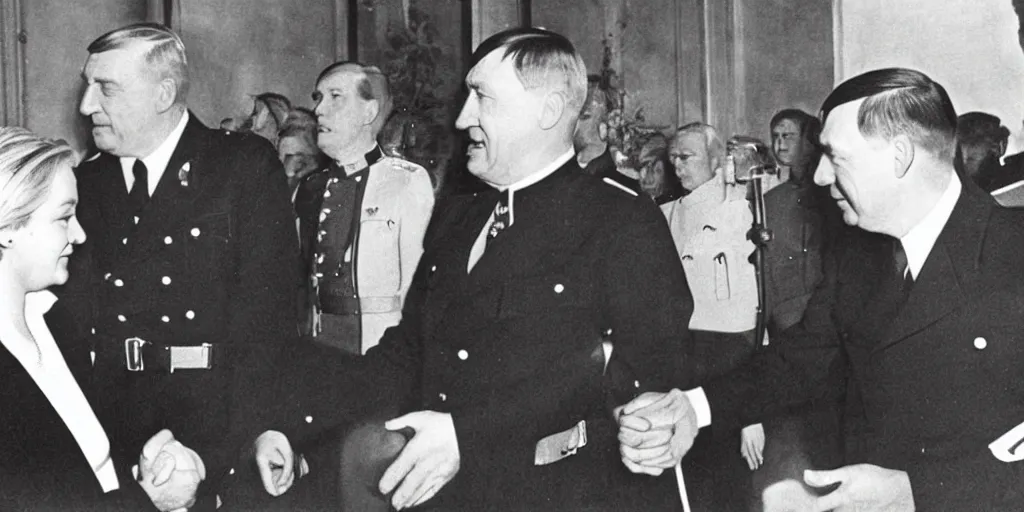 Image similar to Historical photography of Marine Le Pen meeting with Adolf Hitler, colorized