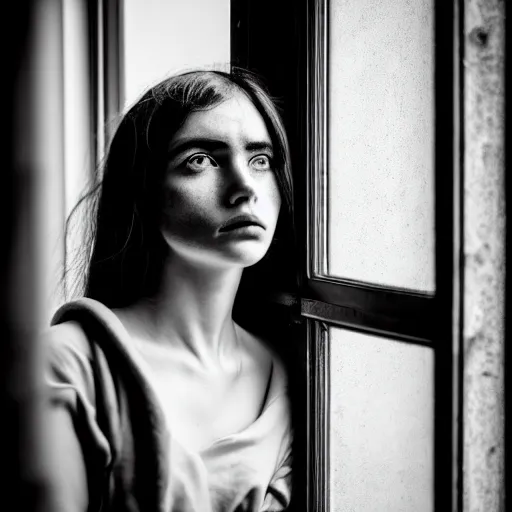 Prompt: black and white photography of highly detailed beautiful depressed Woman with detailed face in the heroine chique style standing by the window, vintage, natural light, sigma 85mm f/1.4 1/10 sec shutter
