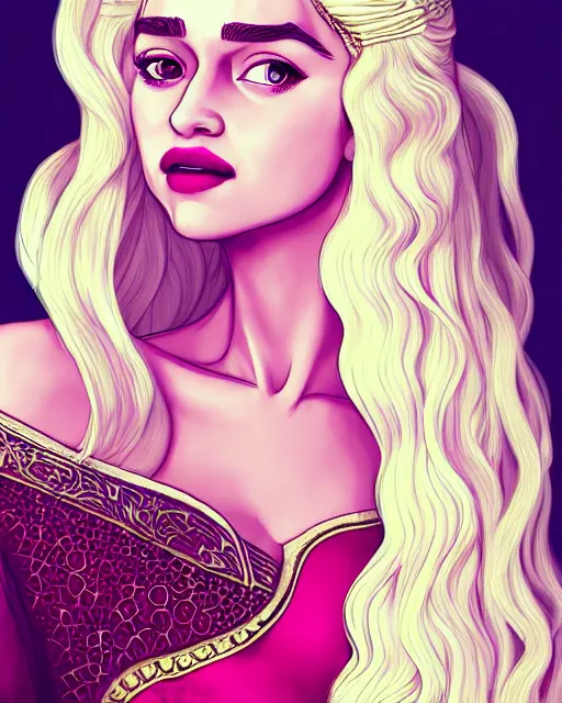 Image similar to closeup portrait happy beautiful daenerys targaryen with long blonde windblown hair in an ornate royal dress, standing on a street in chinatown, pink lipstick, glamour pose, detailed illustration, digital art, trending on artstation, arney freytag, frank miller, moebius, graffiti, gta v,