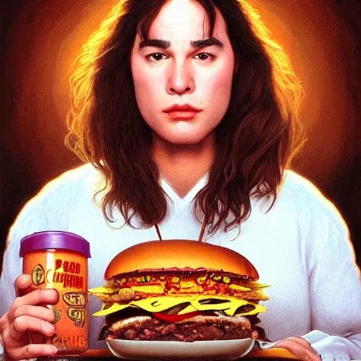 Prompt: portrait of a george Constanza eating a hamburger, extra onions and ketchup, luscious patty with sesame seeds, masculine, handsome, D&D, fantasy, intricate, elegant, highly detailed, digital painting, artstation, concept art, matte, sharp focus, illustration, art by Artgerm and Greg Rutkowski and Alphonse Mucha