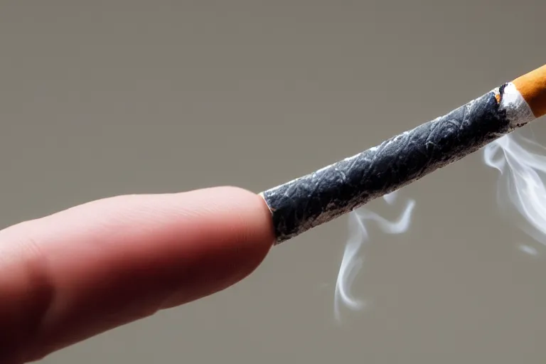 Image similar to Close-up of thin soft hand holding cigarette with smoke, hyper realistic, high details, photo, super resolution