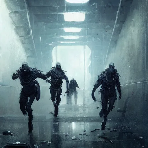 Image similar to concept art by greg rutkowski, three people running dressed in futuristic riot gear, in a claustrophobic, futuristic and brutalist environment, frightening and creepy atmosphere, scifi, highly detailed portrait, digital painting, artstation, concept art, smooth, sharp foccus ilustration, artstation hq