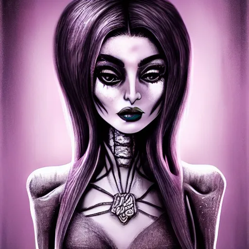 Image similar to michael karcz grunge drawing of kylie jenner. , in the style of corpse bride, loony toons style, horror themed, detailed, elegant, intricate, trending on artstation, 4k