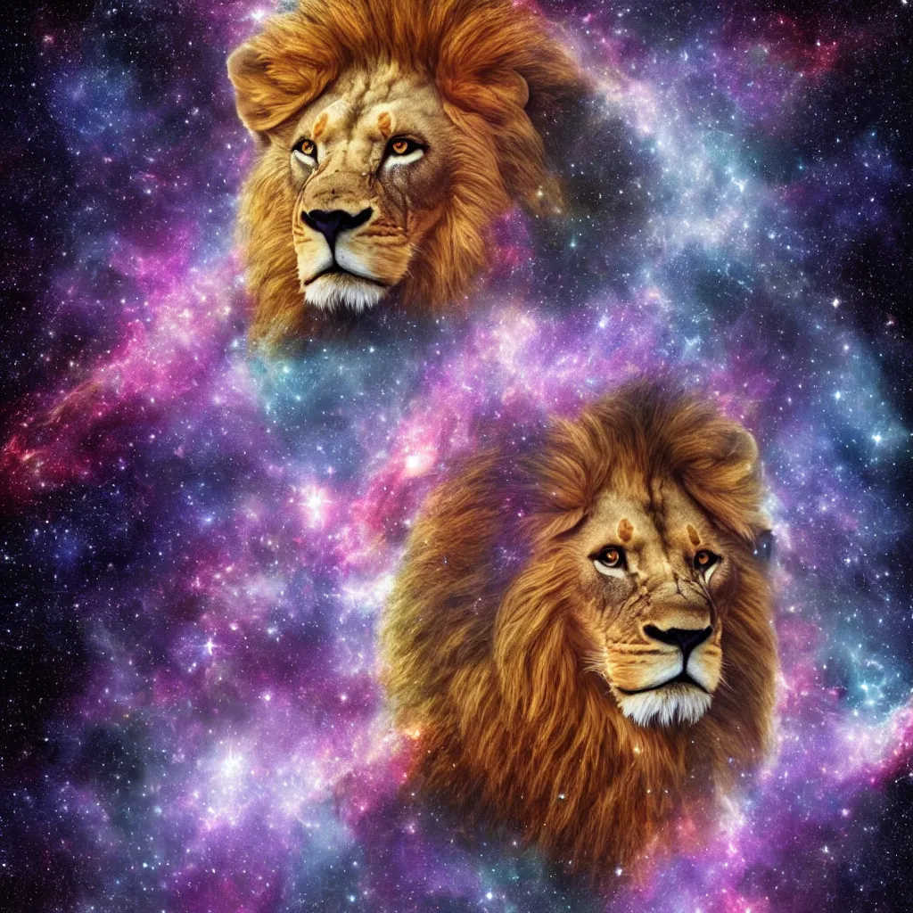 Image similar to lion in a galaxy made of stars, space, nebulas stars,