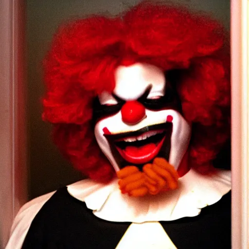 Image similar to creppy 2 0 0 1 photo of ronald mcdonald screaming in a dark room