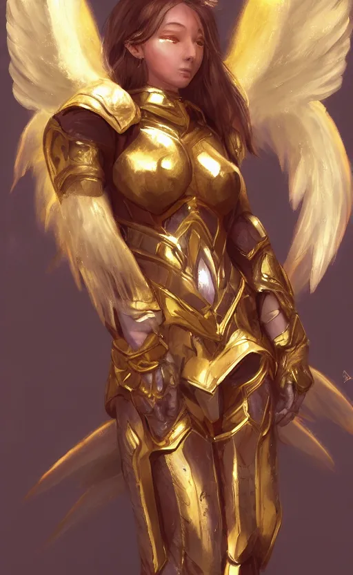 Image similar to Concept art, angel knight girl in golden and silver armor adorned with sapphire gems, artstation trending, cinematic, highly detailded